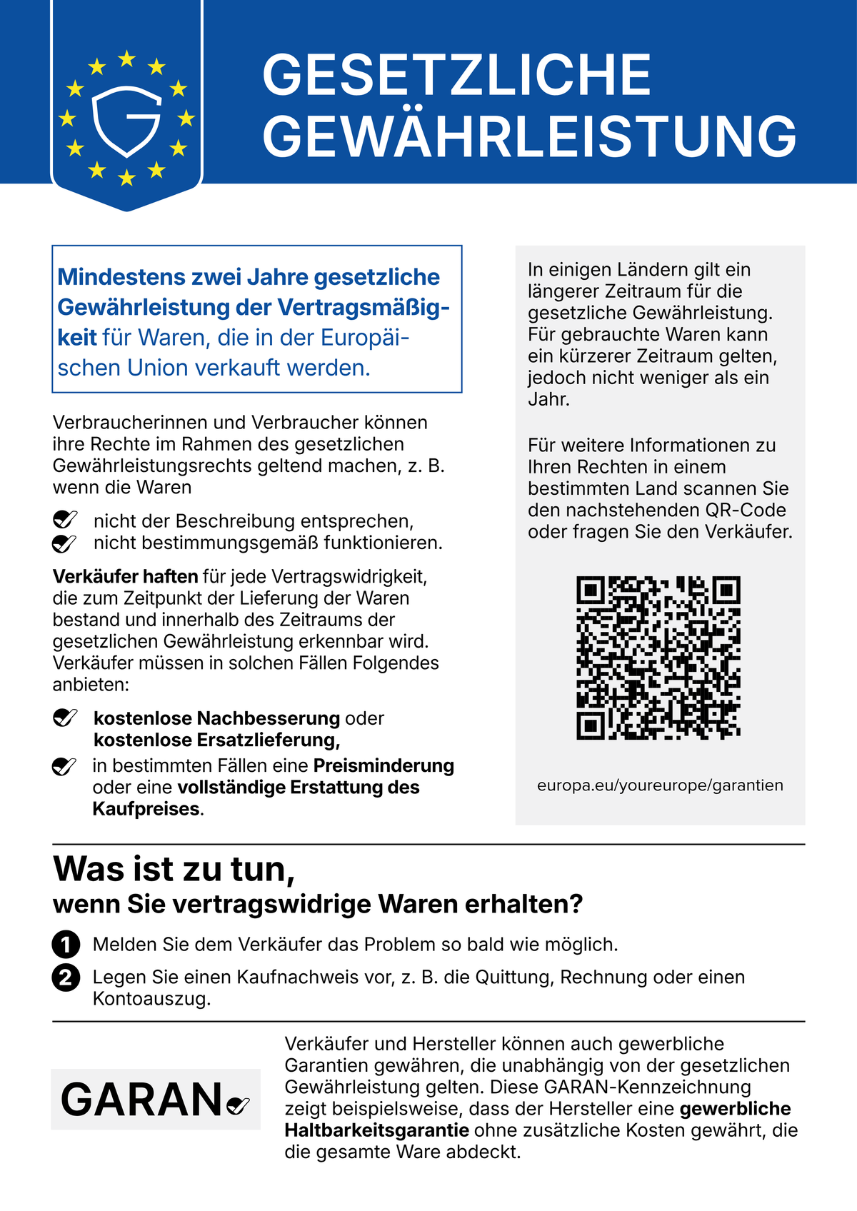 EU-Hinweis: mindestens zwei Jahre gesetzliche Gewährleistung für Waren, die in der Europäischen Union verkauft werden