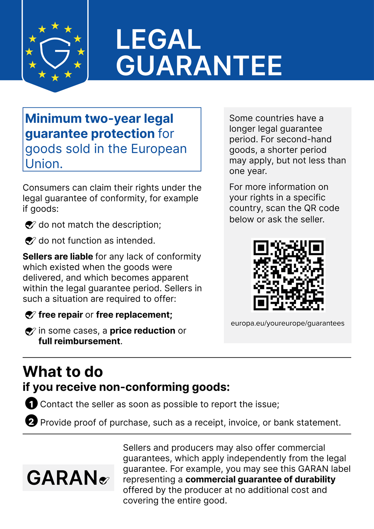 EU notice: legal guarantee of at least two years for goods sold in the European Union